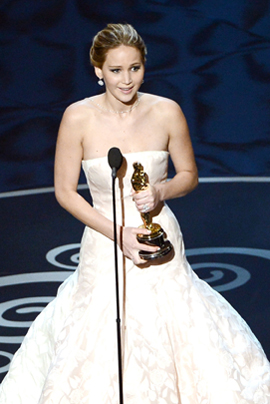 HOLLYWOOD, CA - FEBRUARY 24:  Actress Jennifer Lawrence accepts the Best Actress award for "Silver Linings Playbook" during the Oscars held at the Dolby Theatre on February 24, 2013 in Hollywood, California.  (Photo by Kevin Winter/Getty Images)