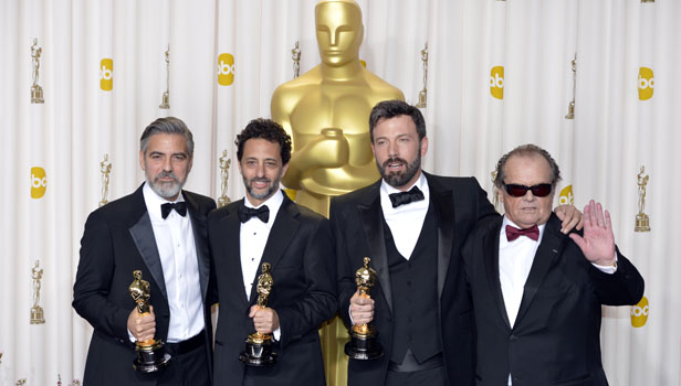 Winner Best Picture, Argo, producers and directors, Grant Heslov, Ben Affleck and George Clooney with their presenter, Actor Jack Nicholson in the press room at Hollywood & Highland Center on February 24, 2013 in Hollywood, California. 